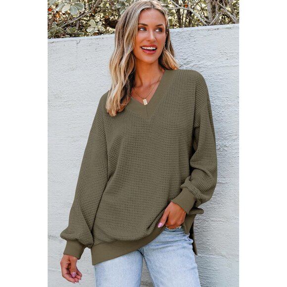 Womens Waffle Knit Pullover Long Sleeve V Neck Off Shoulder Oversized Top - Picture 2 of 4